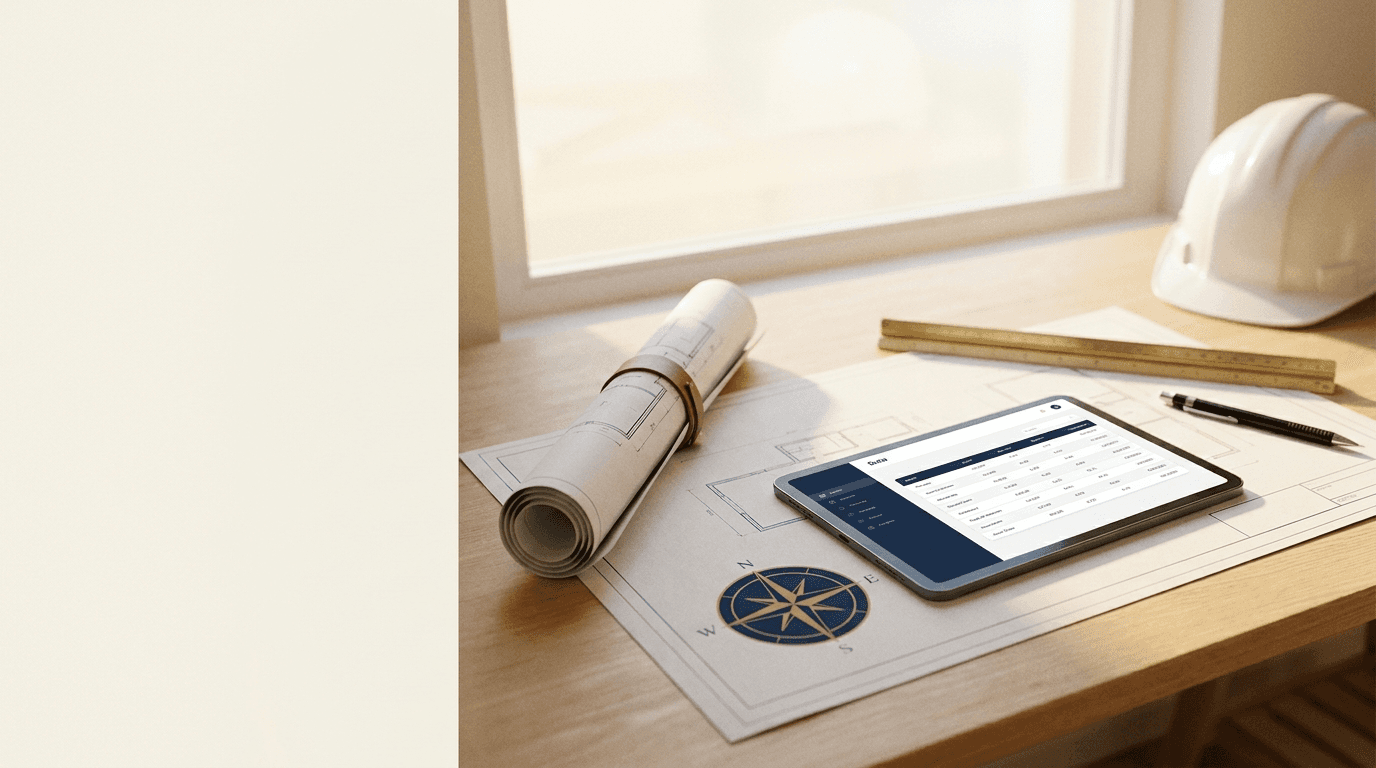 Bauplan, Tablet mit Kalkulation und Helm auf einem Arbeitstisch im Morgenlicht