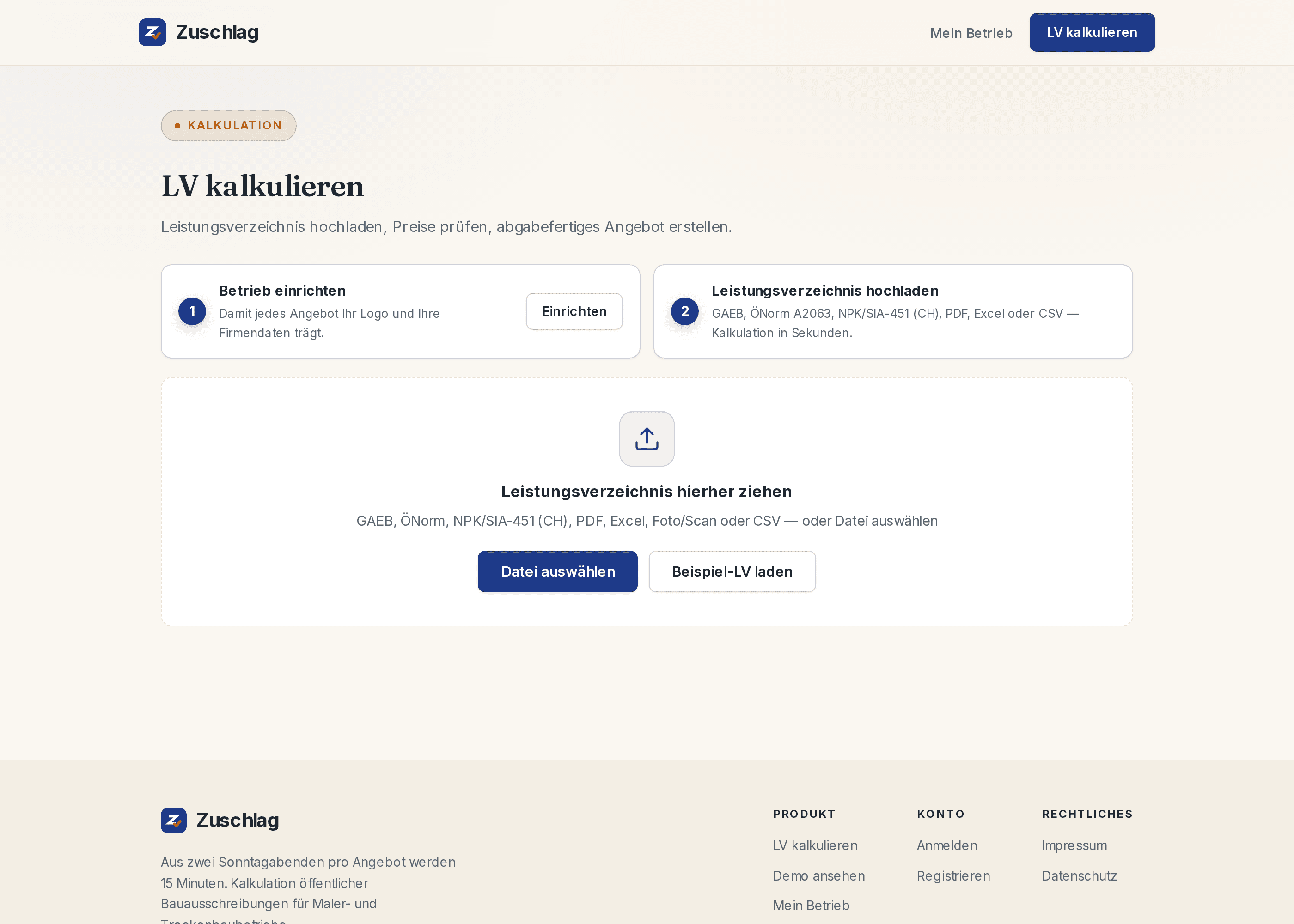 Upload-Ansicht: Leistungsverzeichnis hierher ziehen, alle Formate werden erkannt