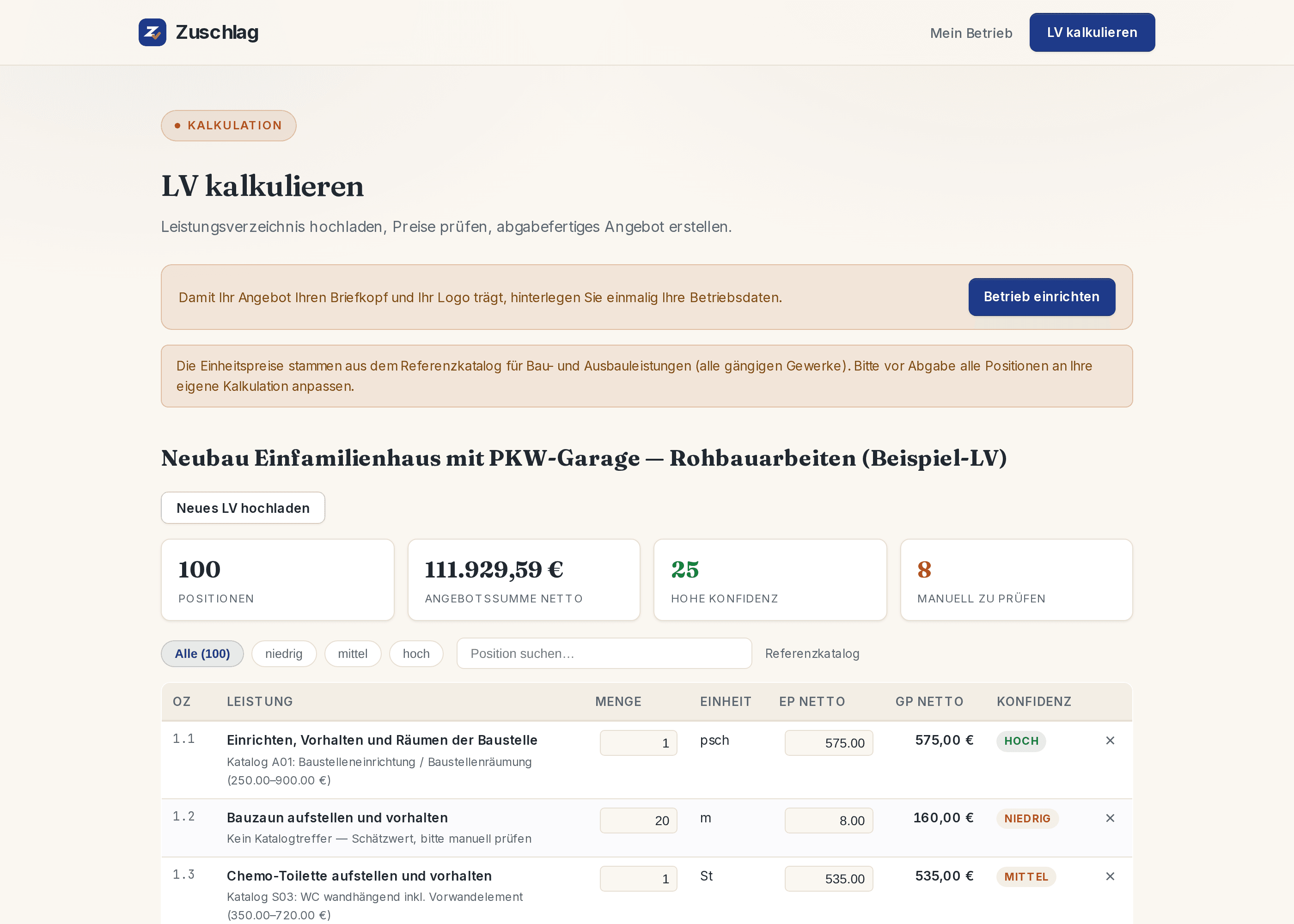 Kalkulationstabelle: Positionen mit Einheitspreis, Gesamtpreis und Sicherheits-Markierung