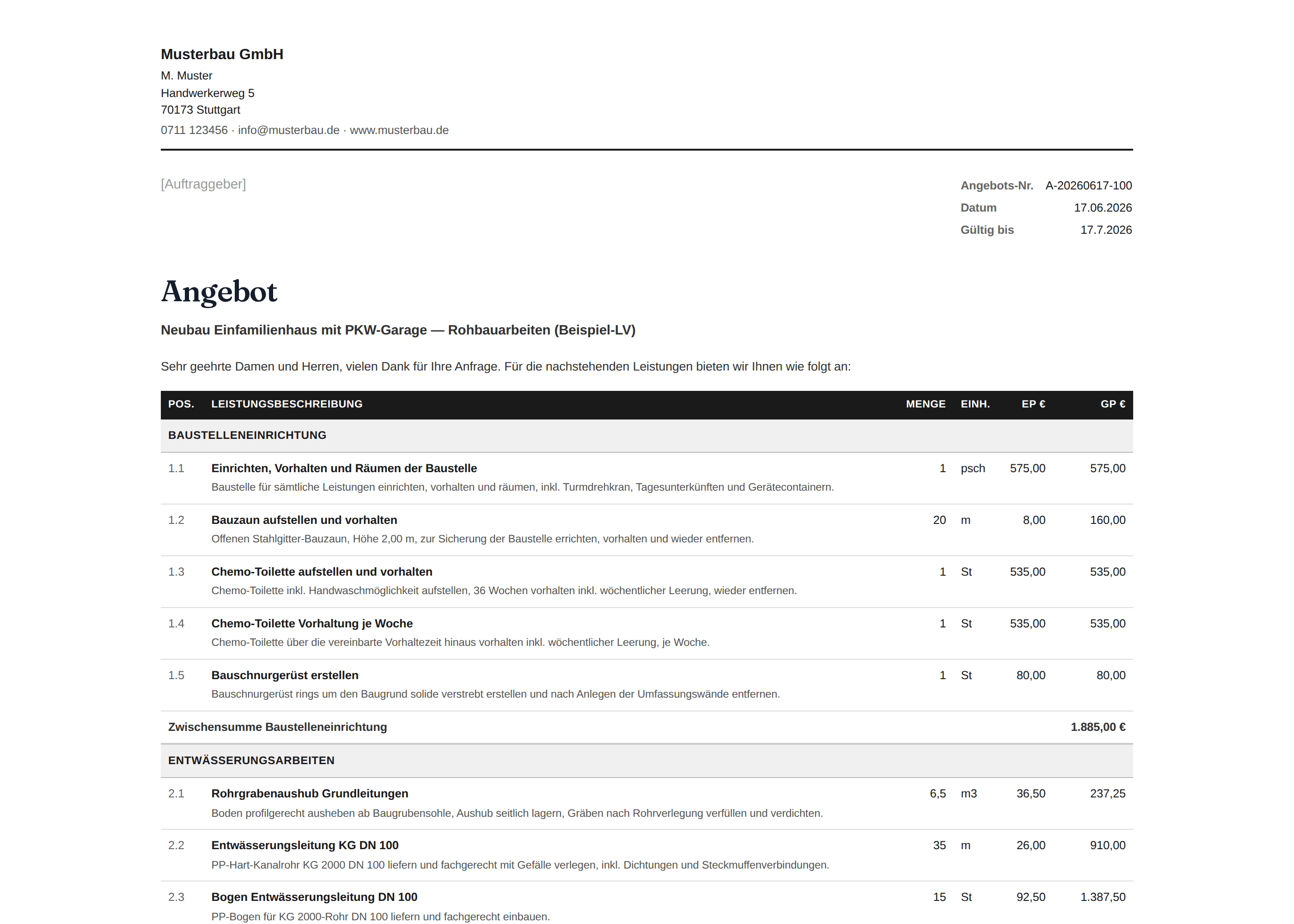 Fertiges, gegliedertes Angebot mit Briefkopf, Zwischensummen und Preisen